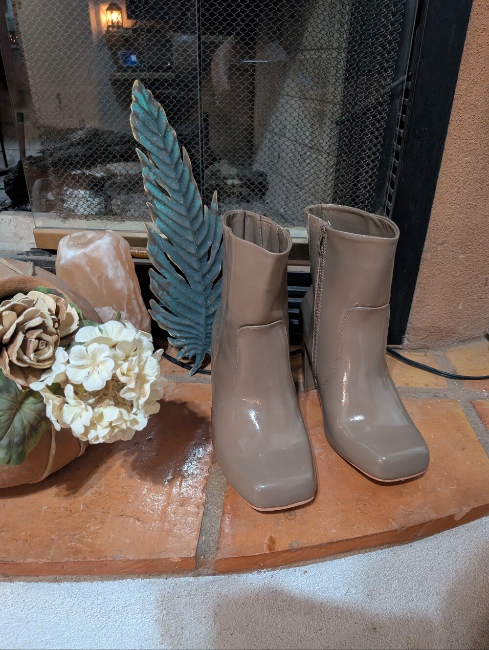 Step Out Into Winter! Torrid Taupe Patent Square-Toe Ankle Boots Women Size 9WW